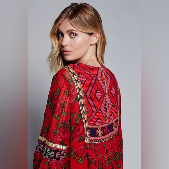 Free People Bold Blooms Embroidered Dress oversized red gold - Picture 2 of 12